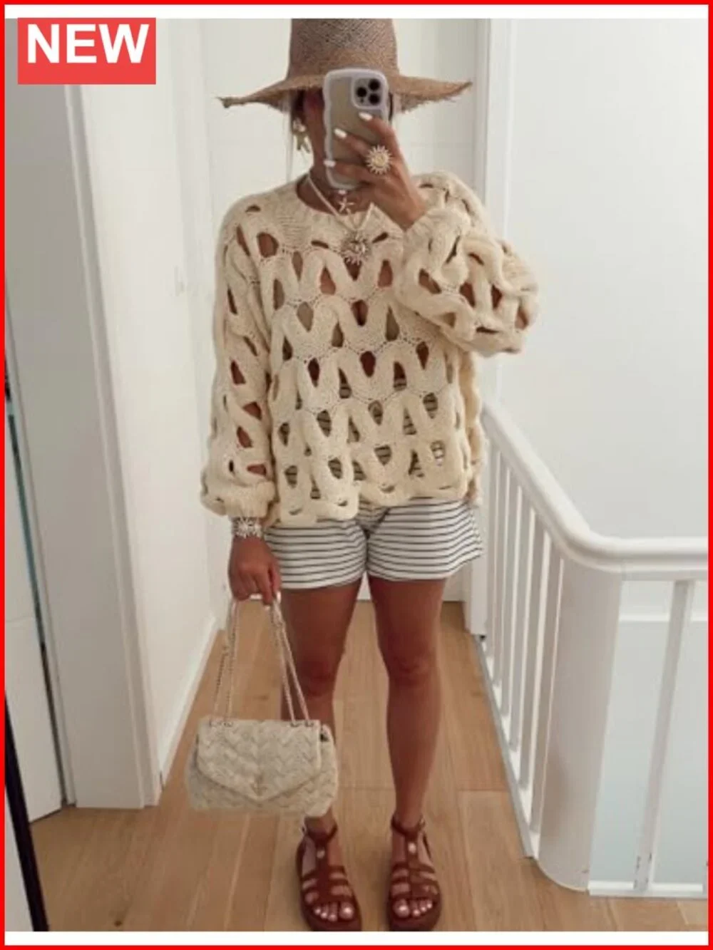 Womens Hollow Out Crochet Chunky Knit Pullover Sweater Oversized Long Sleeve